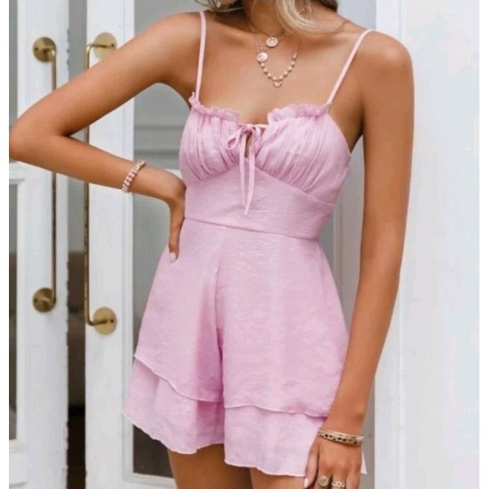 Pink Romper Dress Womens S Feminine Romantic Tier Sexy Ruffle Festival Coquette